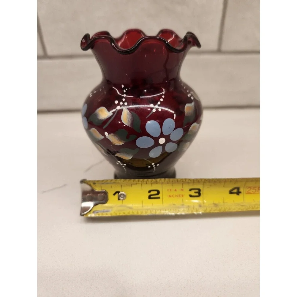 Vintage Anchor Hocking Royal Ruby Hand Painted‎ Bud Vase With Flowers 4 Inches